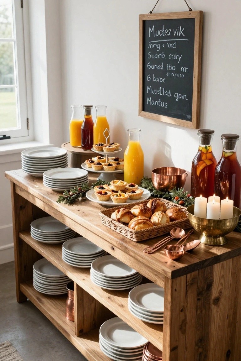 Wooden sideboard buffet table in an indoor room with stacked white plates, baskets of pastries, pitchers of orange juice and other drinks, copper bowls, greenery garlands, brass candle holder, and a chalkboard menu on the wall above.