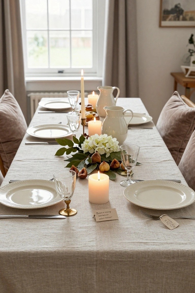 A beige linen-covered dining table set with white plates, cutlery, glasses, multiple candles, white hydrangeas, figs, greenery, and white pitchers, flanked by beige cushioned chairs in a room with large windows and curtains.