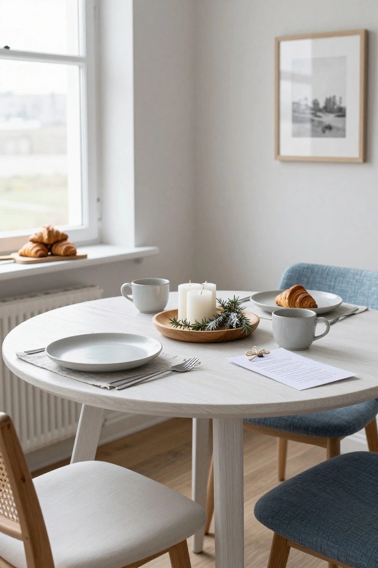 Round whitewashed wooden table in a light interior, set with white plates holding croissants, gray cups, forks, a wooden tray with white candles and evergreen sprigs, blue chairs nearby, window with croissants on sill.