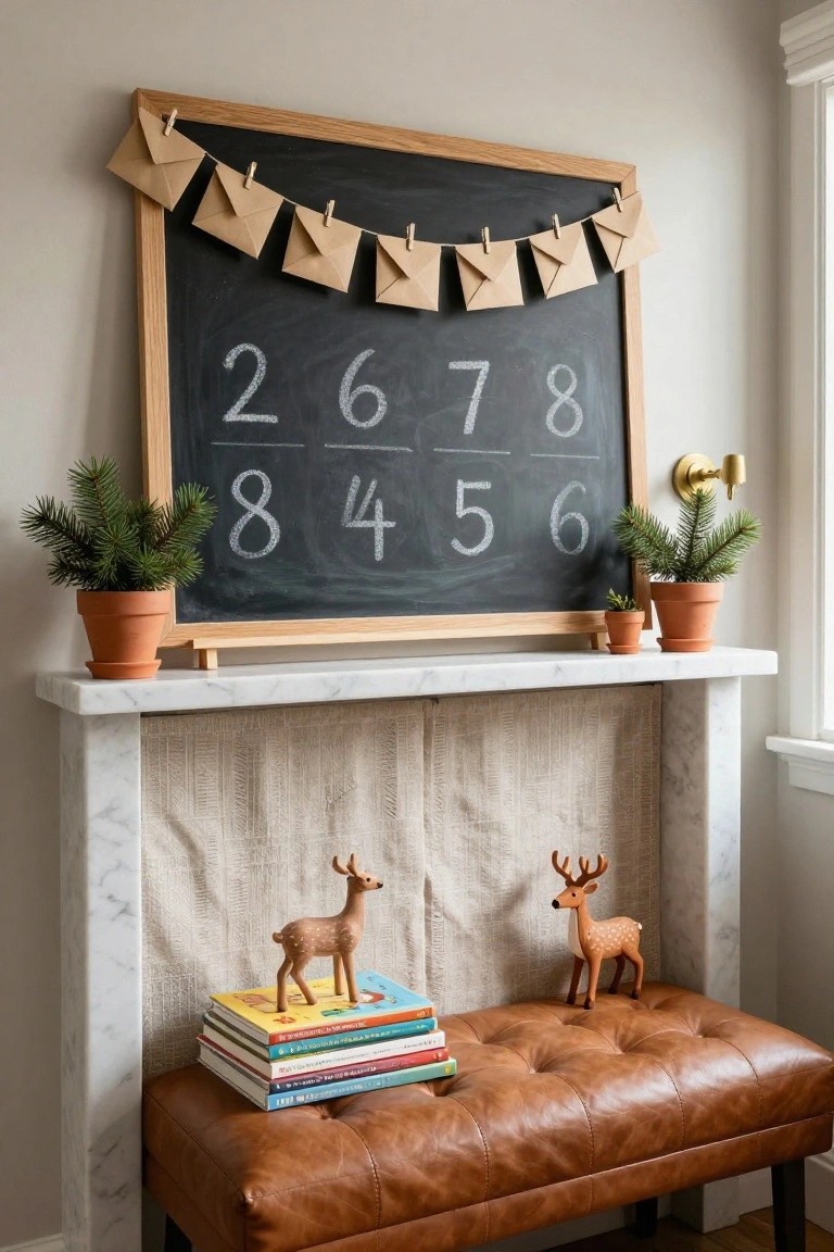 Framed black chalkboard above a marble fireplace mantel with chalk numbers 2 6 7 8 over 8 4 5 6, kraft paper envelopes hanging from clips along the bottom, potted firs on sides, wooden reindeer and stacked books on a leather bench in front.