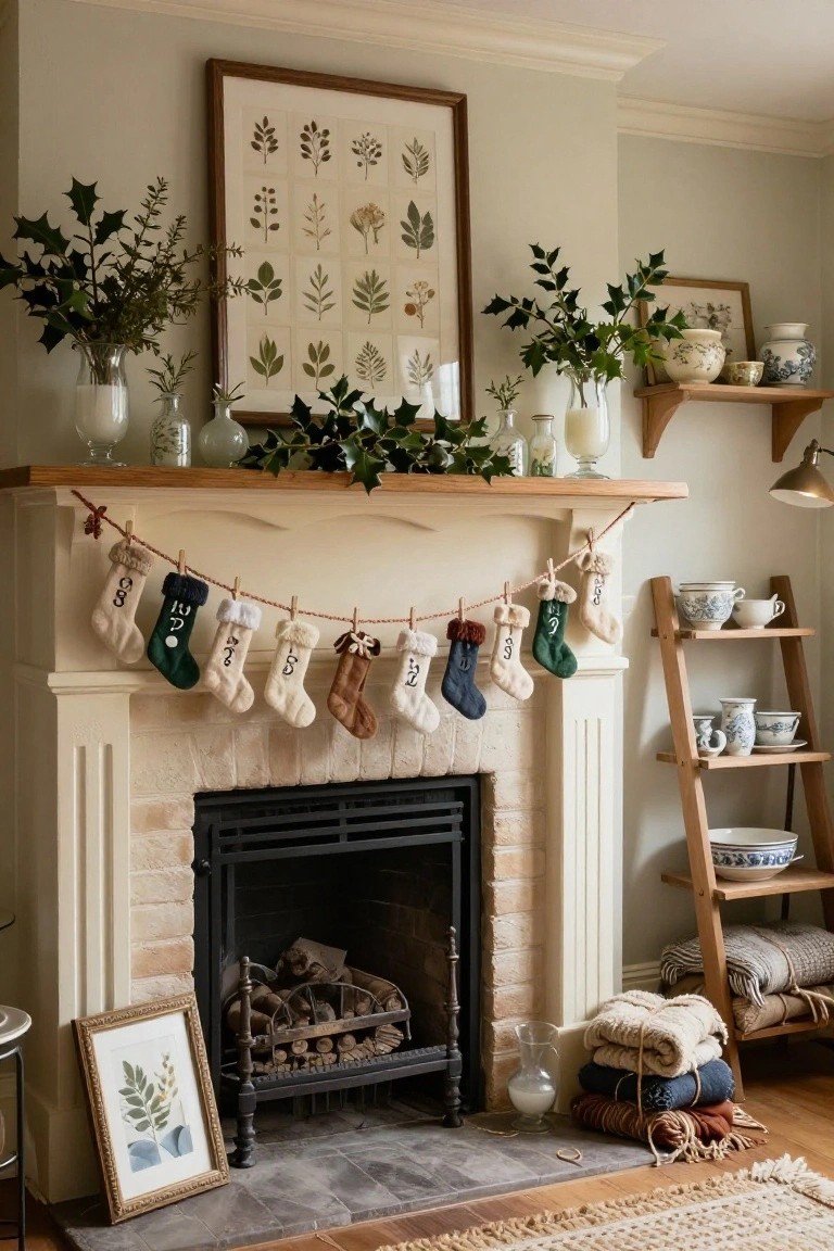Cozy living room fireplace mantel with colorful knit Christmas stockings numbered 1 through 24 hung on a twine clothesline with wooden clothespins, accented by holly greenery, candles, and botanical prints.