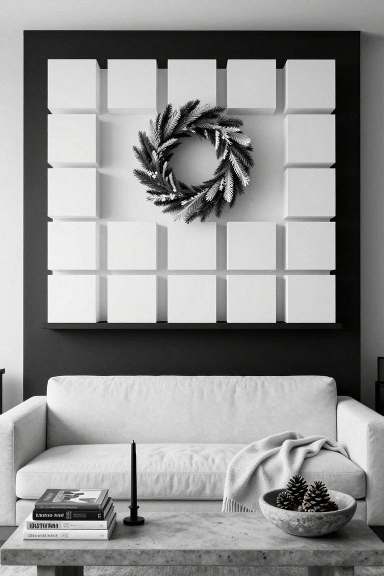 Black-framed wall with grid of white cubic recesses centered around a black-and-white evergreen wreath, white sofa on left, concrete coffee table with stacked books, black candle, pinecones in bowl, and gray throw blanket.