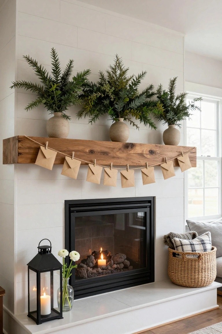 White shiplap fireplace with wooden beam mantel holding three terracotta pots of greenery, twine strung with small brown envelopes clipped by clothespins, black metal lantern with white candle and flowers beside the gas fire, and woven basket with pillows on the hearth.