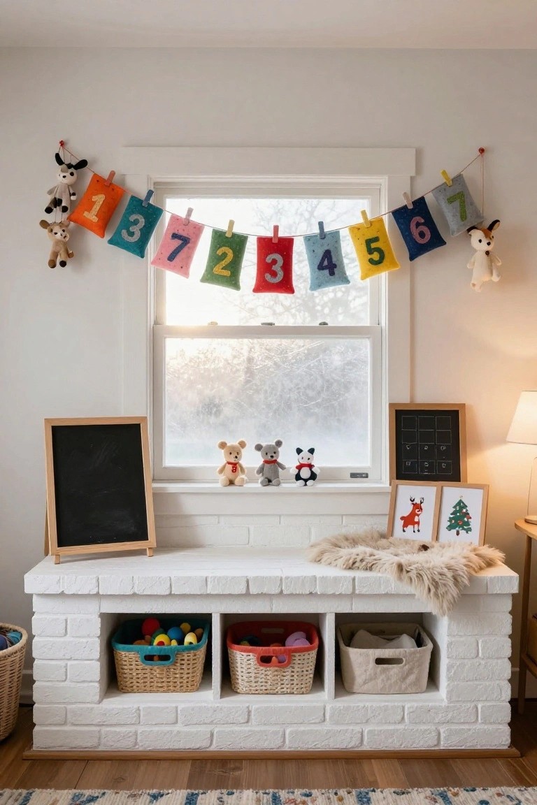 White brick mantle under a window seat displaying colorful fabric pouches numbered 1 to 12 in a hanging garland with stuffed animals at ends, flanked by chalkboards, toy bins, and holiday print frames.