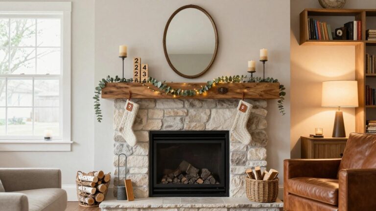 19 Christmas Countdown Mantle Decor Ideas That Build Excitement Cozy living room with stone fireplace featuring stacked wooden number blocks in the hearth displaying 2312341350, white knit stockings hanging from a wooden mantel with eucalyptus garland and fairy lights, candles on iron holders, oval mirror above, leather armchair, and birch logs in a basket nearby.