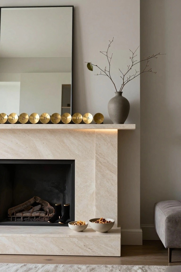 Modern marble fireplace mantel with a row of gold cylinders engraved with numbers including 21, 24, and 25, a gray vase holding branches, two white bowls with nuts and snacks, black boots with gold trim in the firebox, a large black-framed mirror above, and a gray bench nearby in a neutral room.