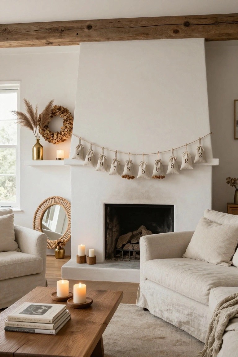Living room with white brick fireplace mantel holding a twine garland of numbered white linen bags, neutral linen sofas, wooden coffee table with books and candles, rattan mirror, and pampas wreath on wall.