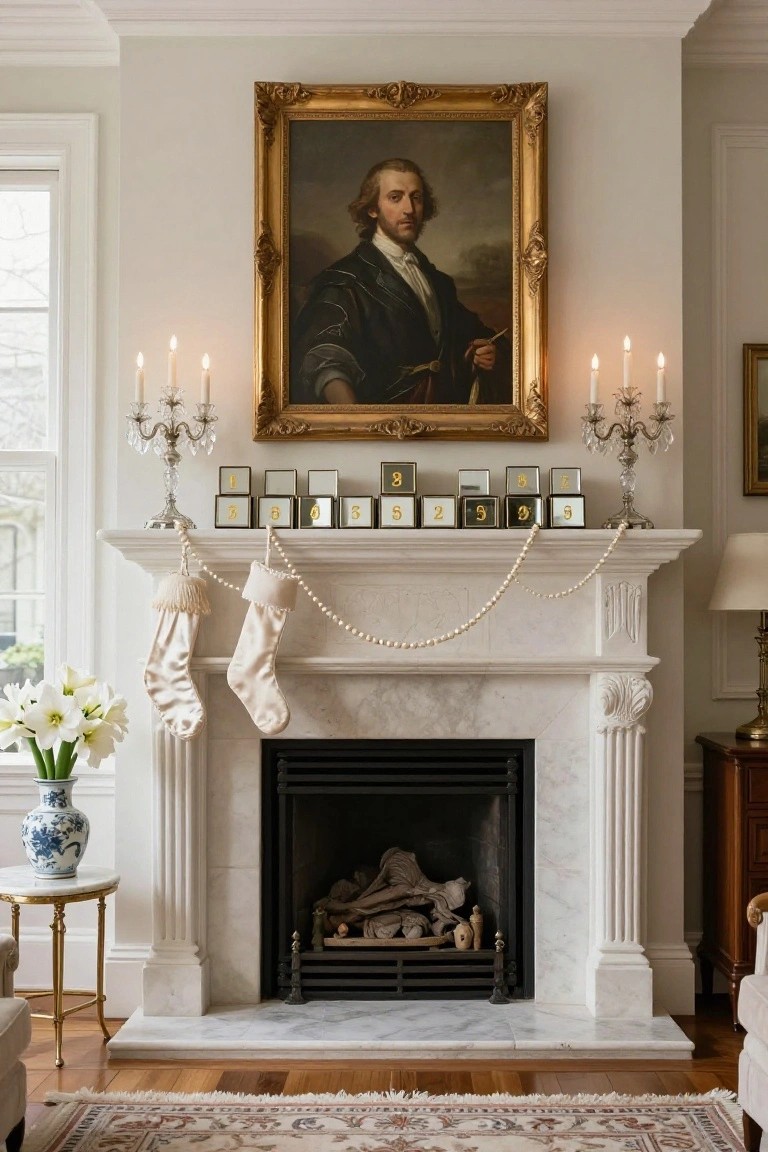 Elegant living room with marble fireplace mantel decorated for Christmas using mirrored gold-numbered blocks from 1 to 9 in a row, white satin stockings, pearl garland, flanked by crystal candelabras, portrait painting above, and white lilies in blue vase nearby.