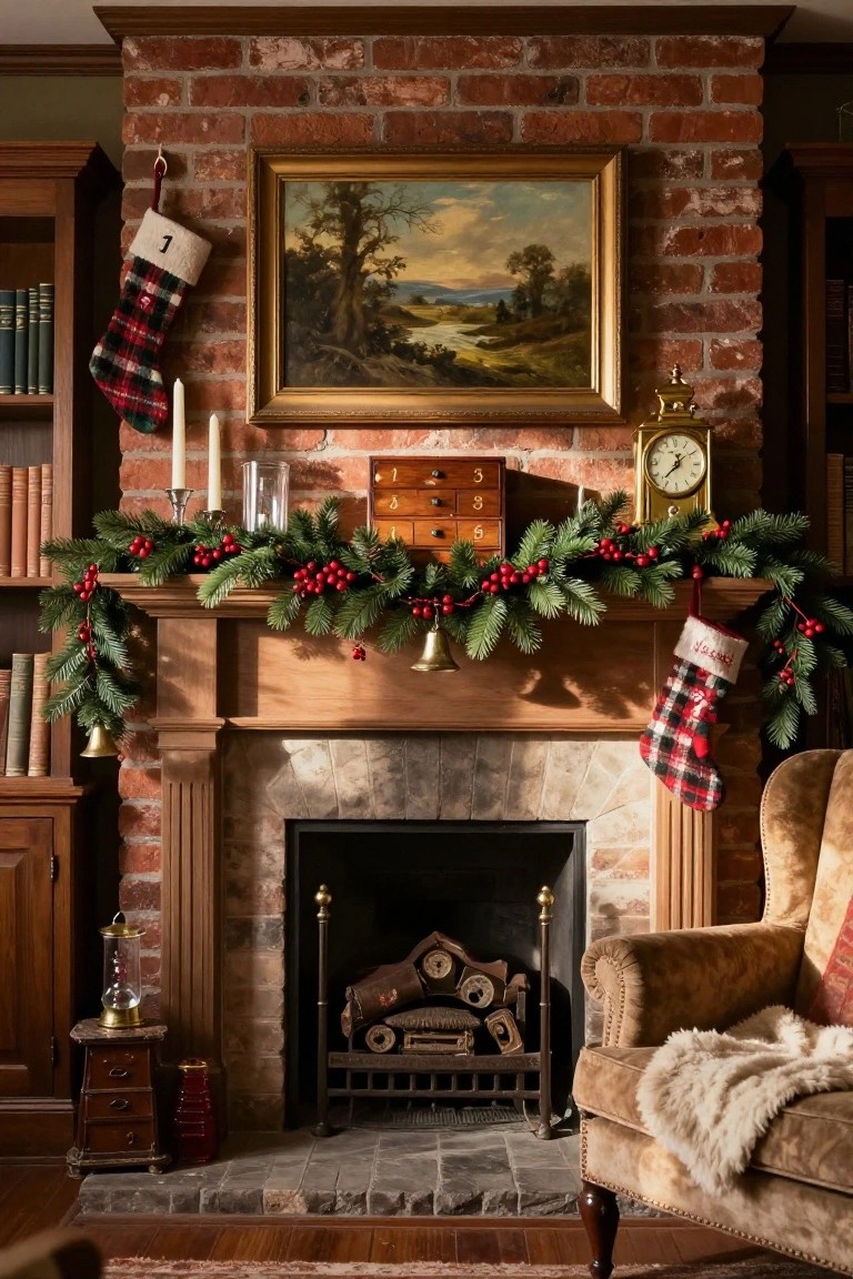 Brick fireplace mantel decorated for Christmas with plaid stockings labeled 1 and with a name, evergreen garland with red berries, brass bell, candles, wooden box with numbered drawers, gold clock, painting above, bookshelves on sides, and armchair nearby.