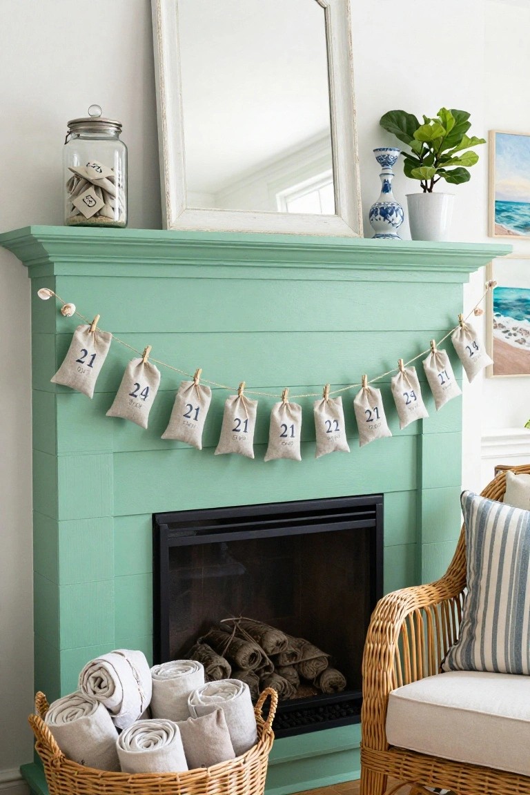 Teal fireplace mantel with a clothesline garland of numbered muslin bags strung across it, a glass jar of extra bags on the shelf above, potted plants and a mirror nearby, and a wicker basket of rolled white towels on the floor beside a rattan chair.