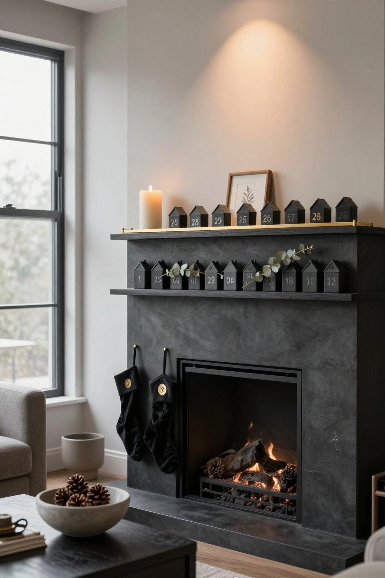 A contemporary living room with a black slate fireplace mantel displaying small black house ornaments numbered 1 to 24 as an Advent calendar, eucalyptus garlands, candles, black stockings, and a lit fire below.