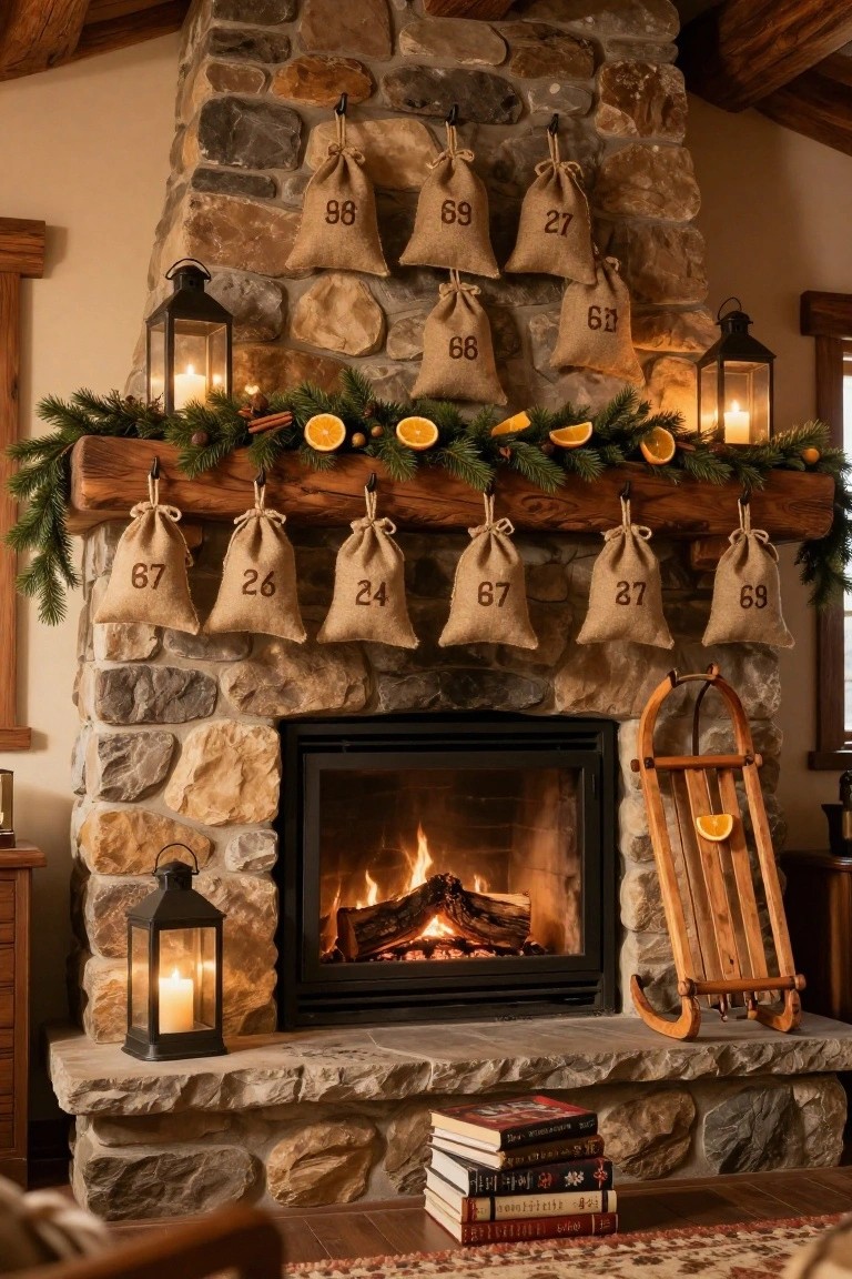 Rustic stone fireplace with wooden mantle holding numbered burlap sacks, evergreen garland with orange slices, lanterns, and a wooden sled propped nearby.