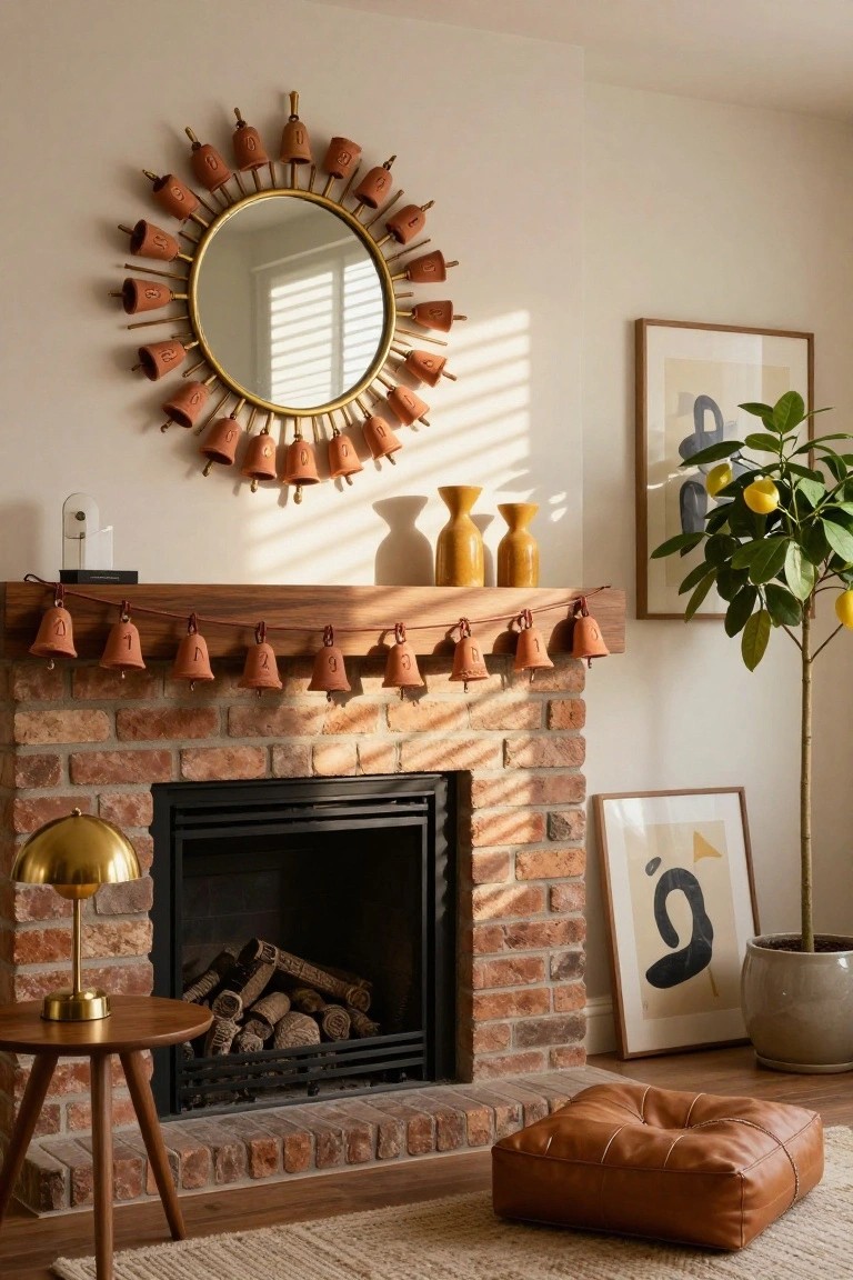 Brick fireplace with wooden mantel holding a garland of numbered terracotta bells, yellow vases on each end, gold lamp and side table nearby, sunburst mirror with bells on wall, and leather pouf on floor.