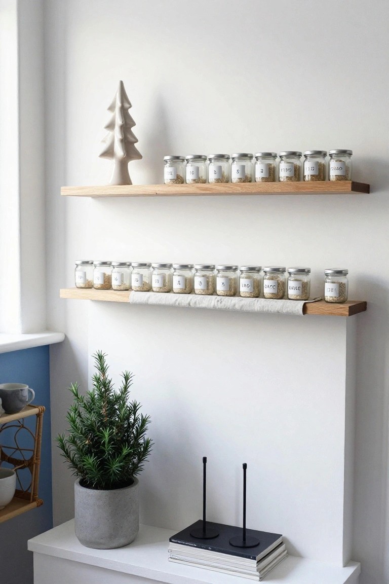 Two oak floating shelves on a white wall hold rows of glass jars filled with grains like oats, labeled with numbers in white tape; a white ceramic Christmas tree on the upper shelf, linen runner on the lower shelf edge, potted green plant and book stand on white console below.