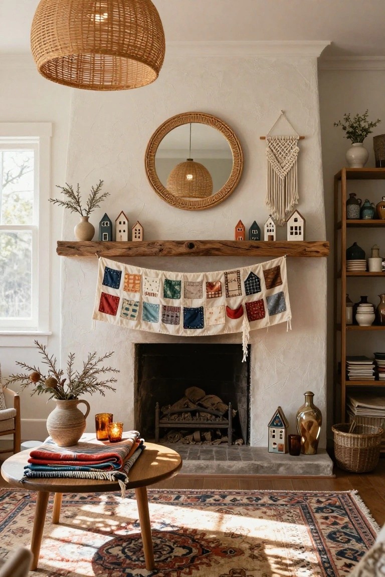 Living room with white plaster walls, rattan pendant light, round rattan mirror, macrame wall hanging, wooden mantel holding small houses and a colorful patchwork fabric banner above a fireplace, plants, coffee table with blankets, and patterned rug.