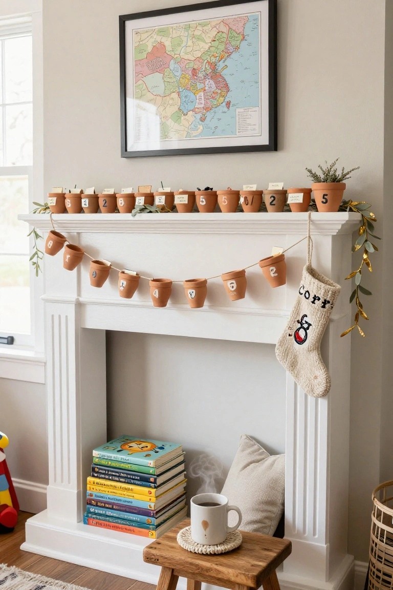 White fireplace mantel with a garland of numbered mini terracotta pots hanging on twine, flanked by greenery and larger potted plants, a knit stocking labeled Corry, stacked books, toys, and a mug on a stool nearby.