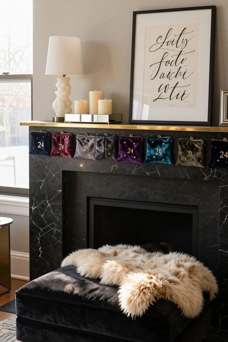 Black marble fireplace mantel lined with colorful velvet drawstring pouches numbered 24 and 25, ivory pillar candles, a white sculptural lamp, brass tray, and black-framed print above, sheepskin on velvet ottoman in front.