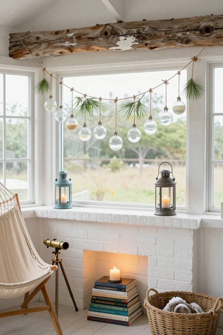 Cozy interior sunroom nook with white brick fireplace, large window draped in rope garland with pine sprigs and hanging glass orbs, blue and gray lanterns on sill, beige hammock chair, brass telescope on tripod, stack of books, and wicker basket with blankets on floor.