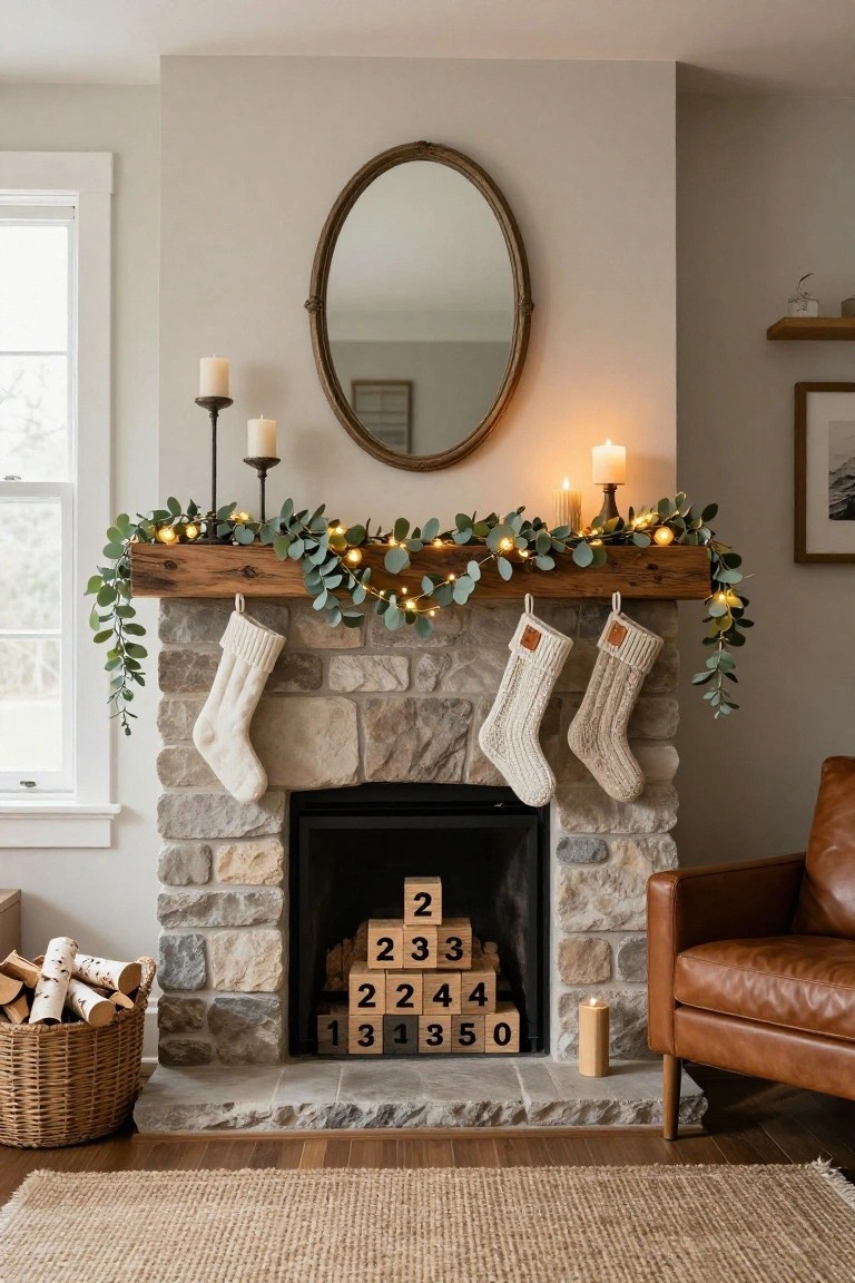 Cozy living room with stone fireplace featuring stacked wooden number blocks in the hearth displaying 2312341350, white knit stockings hanging from a wooden mantel with eucalyptus garland and fairy lights, candles on iron holders, oval mirror above, leather armchair, and birch logs in a basket nearby.