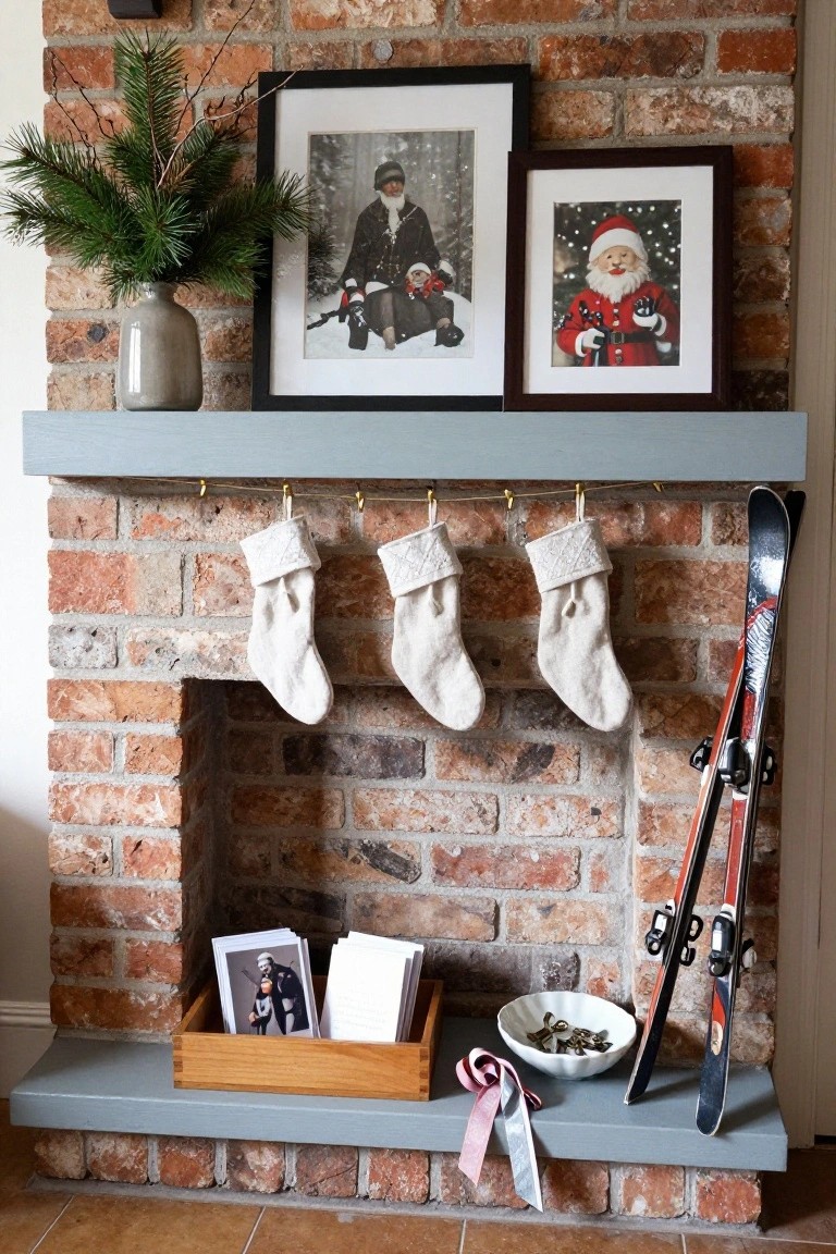 Brick fireplace mantel decorated for Christmas with three white lace stockings on gold hooks, two pairs of skis leaning nearby, framed black-and-white family photos and Santa portrait above, vase of evergreen branches, wooden box of photos and cards on the shelf, and bowl of ornaments.