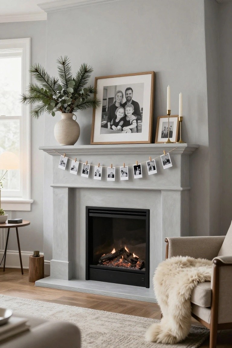 Gray stone fireplace mantel in a light interior with a string of black-and-white polaroid photos clipped by mini clothespins, flanked by framed family portraits, taper candles on holders, a large pine and eucalyptus arrangement in a beige vase, and nearby seating with a sheepskin throw.