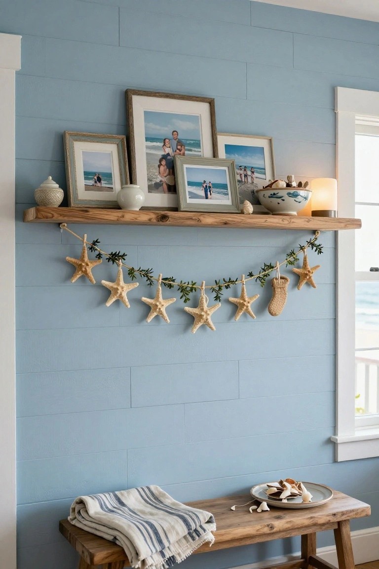 Blue shiplap wall with wooden floating shelf displaying family beach photos in frames and jars, starfish and greenery garland hanging below with a small stocking, wooden bench at bottom with striped towel and plate of seashells.