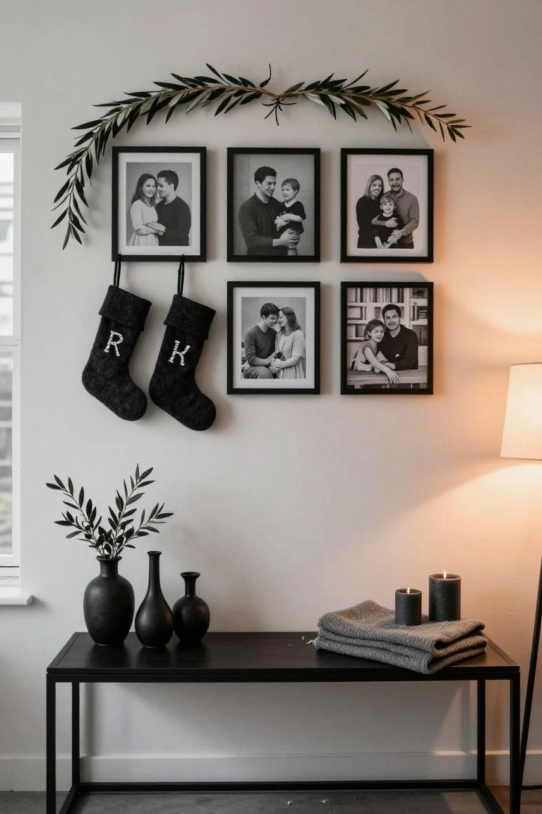 White wall with six black-framed family photos arranged in two rows of three, olive branch garland arching overhead, two black knitted stockings monogrammed R and K hanging from hooks below the photos, black console table underneath holding three black vases, folded gray throws, and two black candles, warm lamp light nearby.