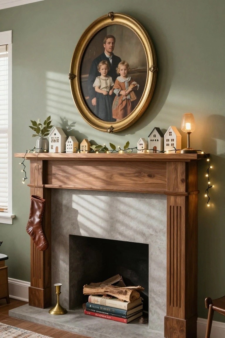 A wooden mantel with holiday decor beneath an oval family portrait.