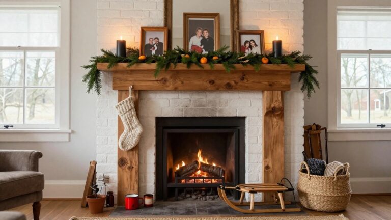 Rustic wooden mantel over white brick fireplace with burning fire, decorated by pine garland, oranges, family photo frames, black candles, knit stocking, and nearby ski rack with blankets.
