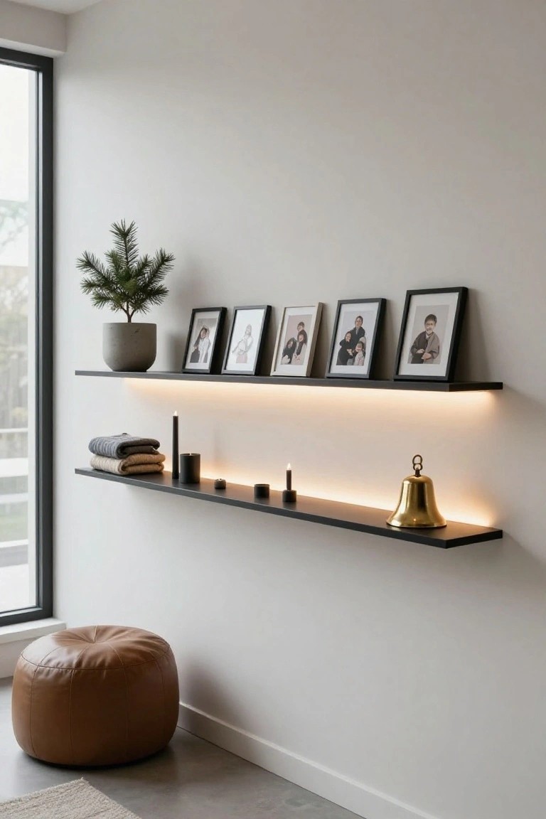 Modern white interior wall with two black floating shelves illuminated by warm LED strips underneath, holding family photos in black frames, a potted small pine tree, folded gray blanket, black candles, and a gold bell, with a brown leather pouf on the concrete floor beside a large window.