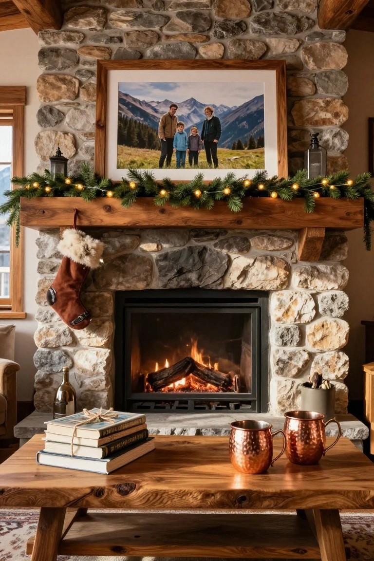 Rustic stone fireplace with wooden mantel holding evergreen garland with white lights and a red suede stocking, large framed photo of family in mountains above, wooden coffee table below with stacked books and two copper mugs.