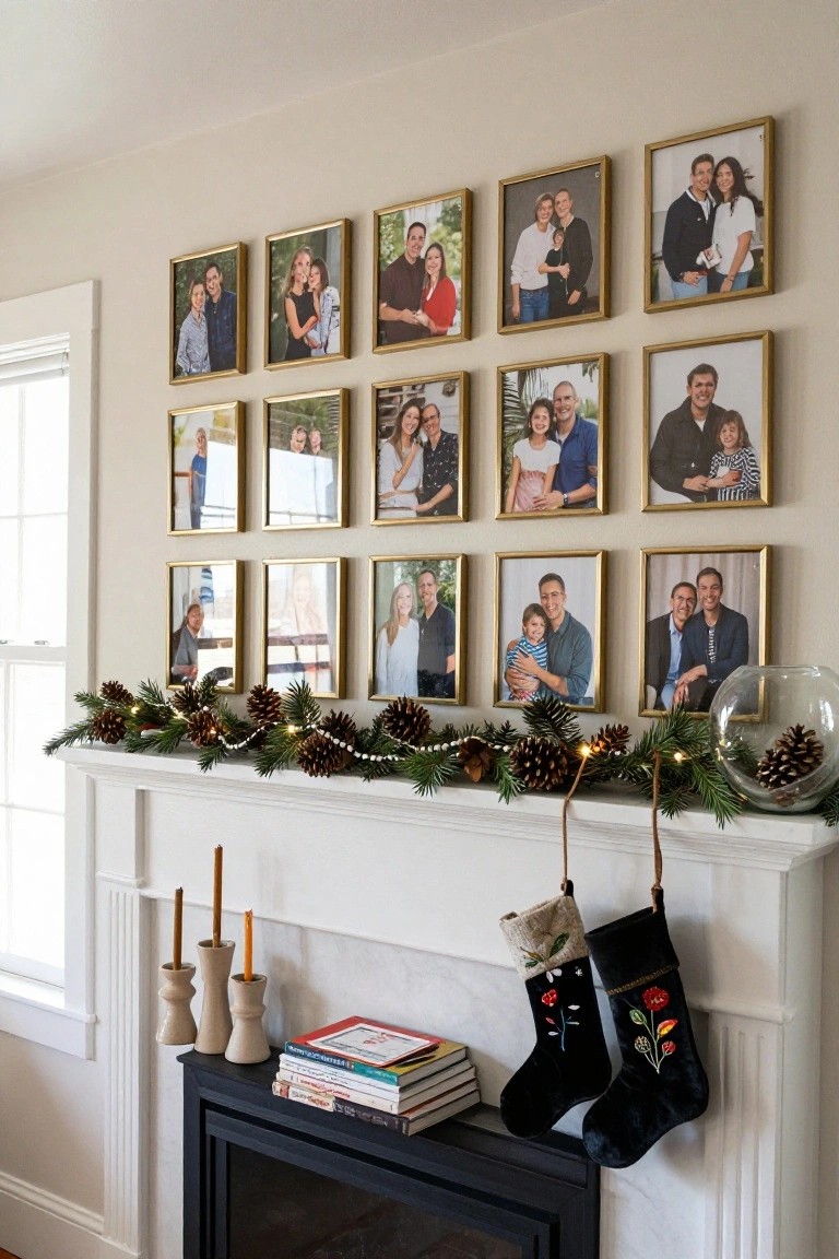 Grid of twelve gold-framed family photos on a beige wall above a white mantel with evergreen garland, pinecones, candles, stacked books, and two hanging stockings over a black fireplace in a light room.