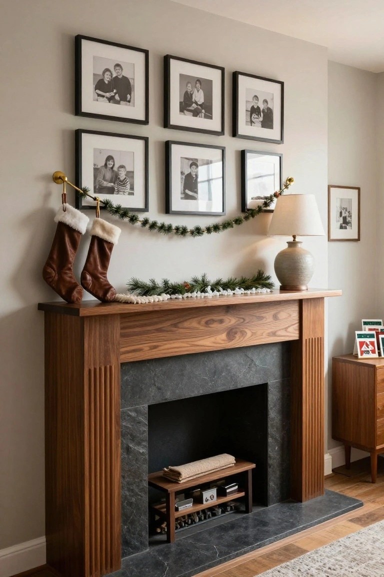 Wooden mantel with stockings, garland, framed photos, and marble fireplace.