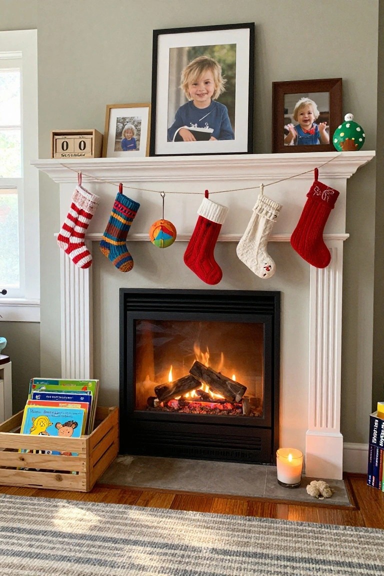 Festive fireplace with stockings, lit fire, framed photos, and children's books.