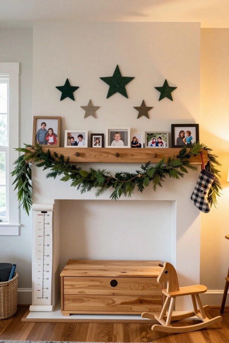 Festive mantel with garland, stars, photos, and wooden toys.