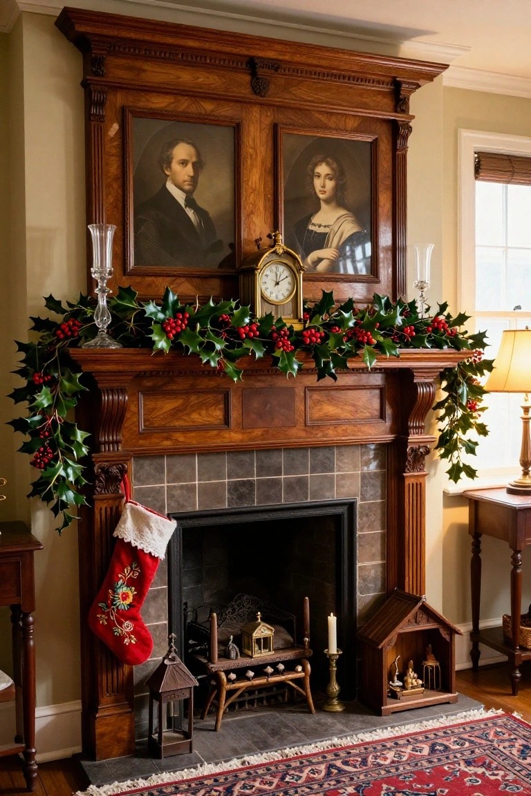 Wooden overmantel cabinetry above a fireplace mantel holds two framed portraits of a man and woman, surrounded by holly garland, with a clock, candlesticks, Christmas stocking, and nativity scenes on and near the mantel in a room with an oriental rug.