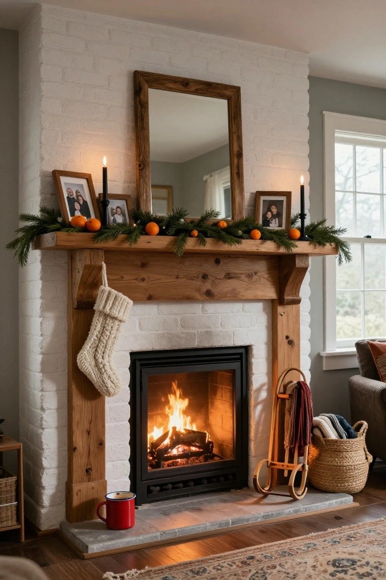 Rustic wooden mantel over white brick fireplace with burning fire, decorated by pine garland, oranges, family photo frames, black candles, knit stocking, and nearby ski rack with blankets.