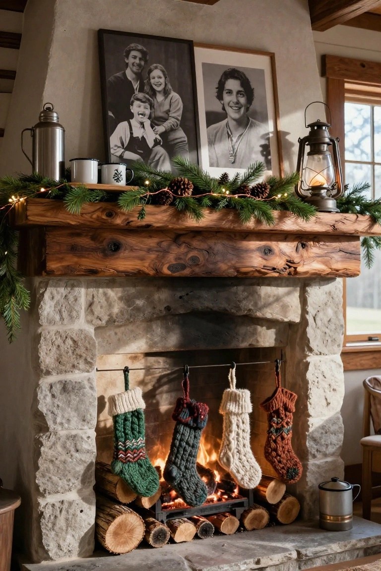 Rustic wooden mantel over stone fireplace with black-and-white family photos in frames, evergreen garland with string lights and pinecones, colorful knitted stockings hanging from hooks, metal lanterns, and enamelware mugs.