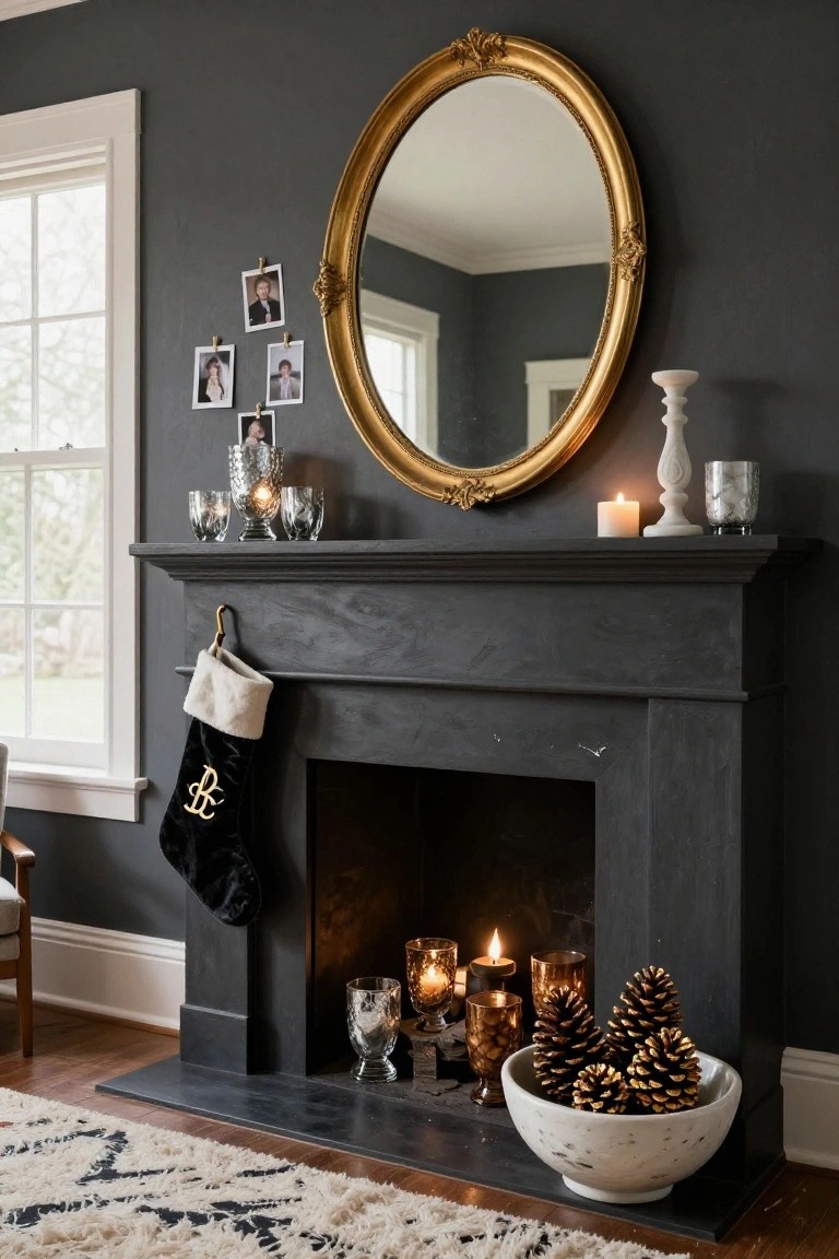 Dark gray fireplace mantel with black stocking, multiple lit candles in glass holders, pinecones in a white bowl, flanked by gold oval mirror and wall clips holding small family photos, on charcoal walls with window and rug nearby.