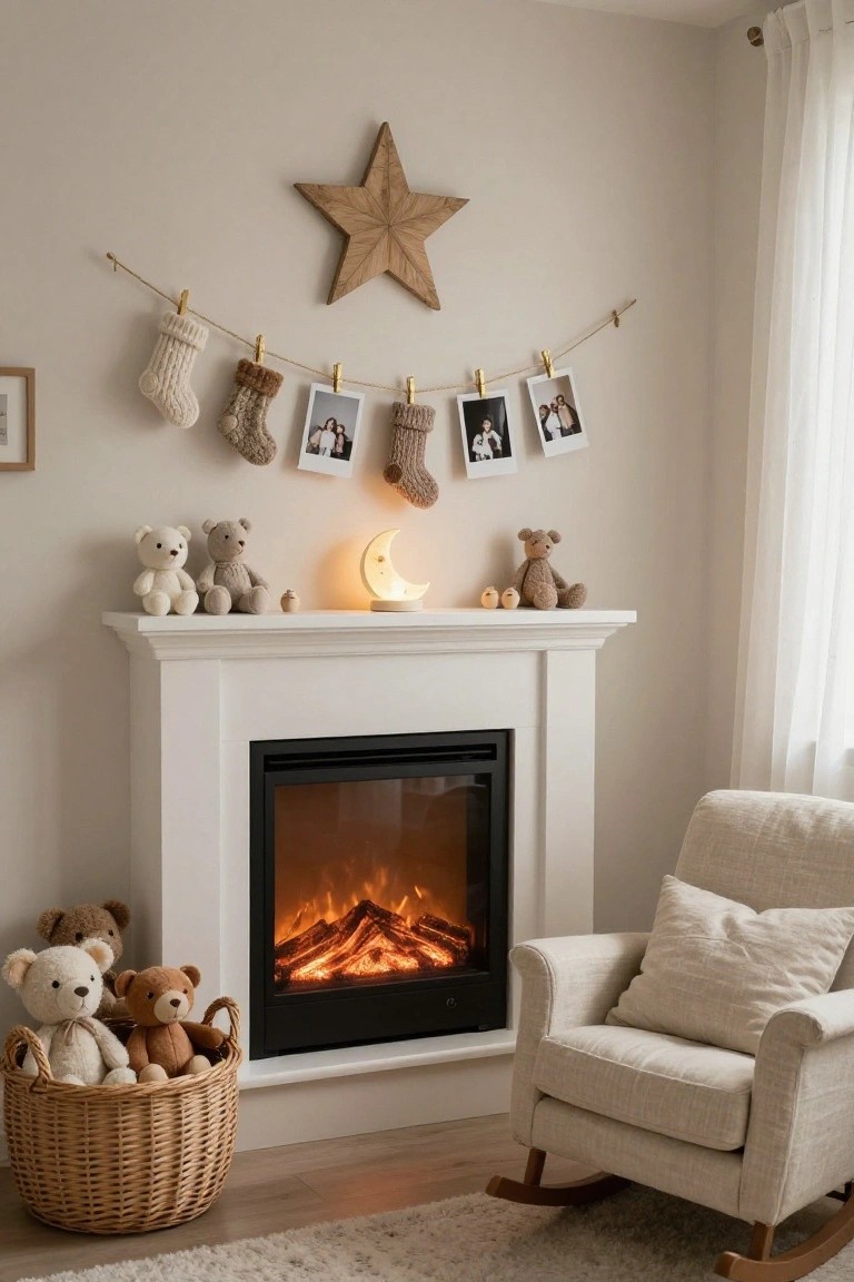 Cozy beige-walled room corner with white mantel electric fireplace, knit stockings with clipped family photos on gold twine garland, teddy bears on mantel and in wicker basket, moon lamp, and cream rocking chair on wood floor.
