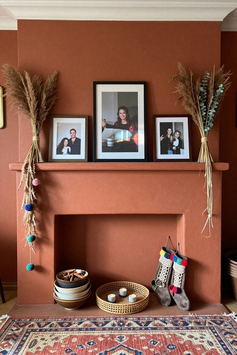 Terracotta fireplace mantel with three family photos in wood and black frames at center, flanked by tall pampas grass and dried wheat bundles, colorful knit stockings hanging below, stacked ceramic bowls with spices, woven tray with candles on hearth, and red Persian-style rug in front.