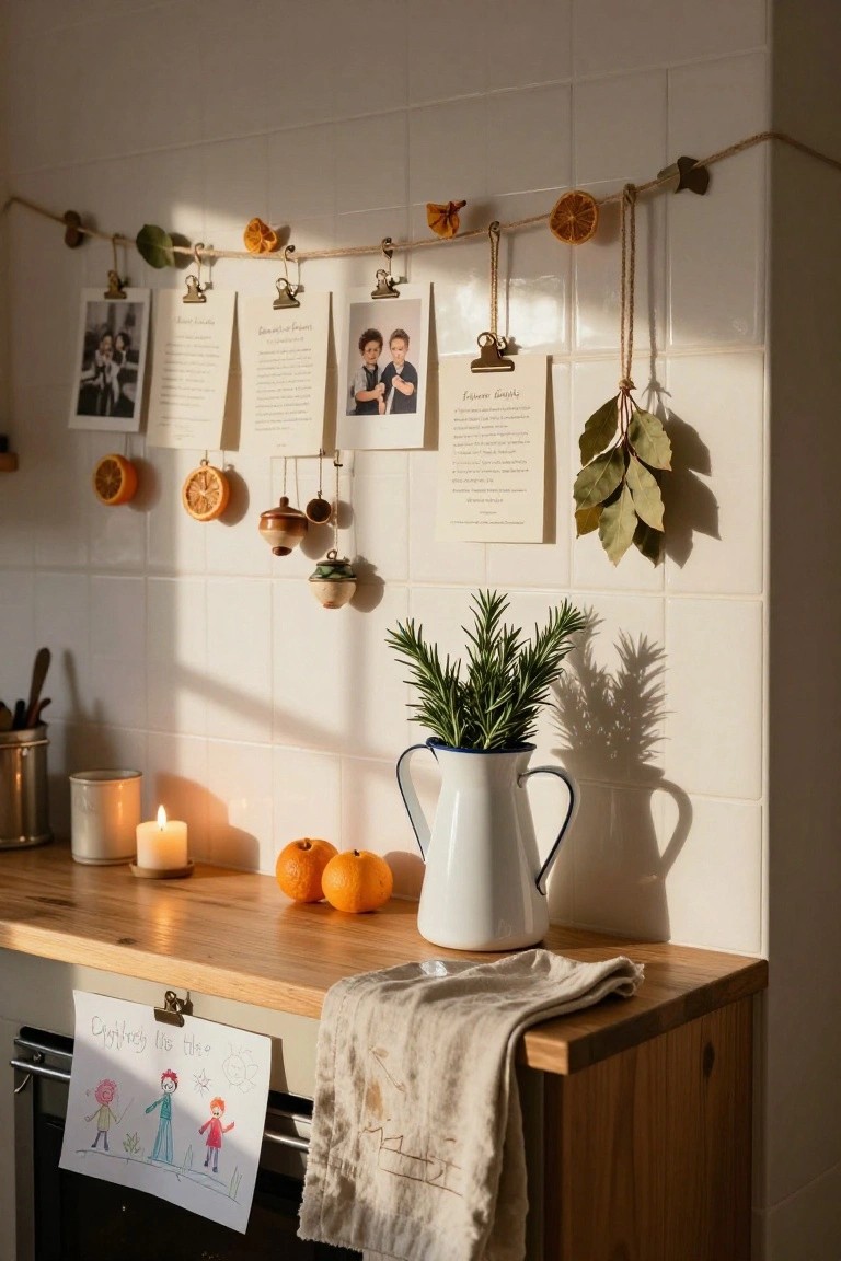 Kitchen wall with white tiles featuring twine strung horizontally with brass clips holding black-and-white family photos and handwritten cards, accented by dried oranges, bay leaves, and rosemary in a blue enamel pitcher on the wooden counter below.