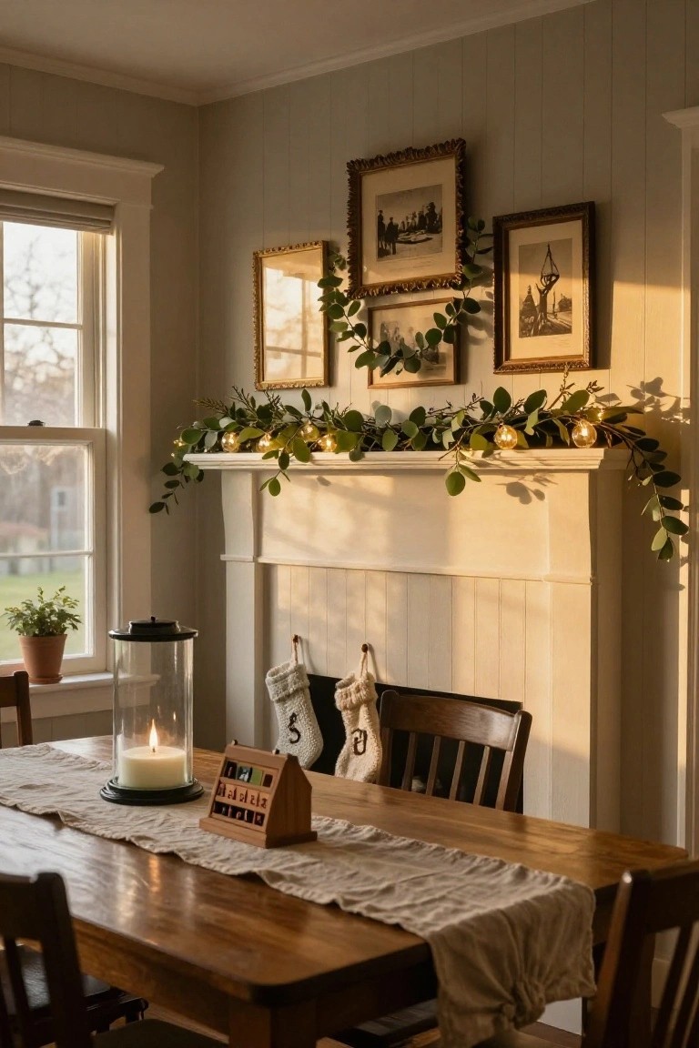 Cozy interior room with white paneled walls, wooden dining table covered in linen runner with candle lantern and wooden advent calendar, white mantel draped in eucalyptus garland with gold orb lights and knit stockings hanging from it, several antique gold-framed black-and-white photos mounted above mantel, window with potted plant nearby.