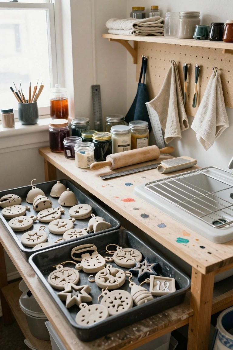 Pottery workbench with sink, wooden trays holding unfired clay Christmas ornaments shaped like stars, bells, and numbers, pegboard wall with hanging tools and cloths, and shelves stocked with jars and pottery supplies in a light room.