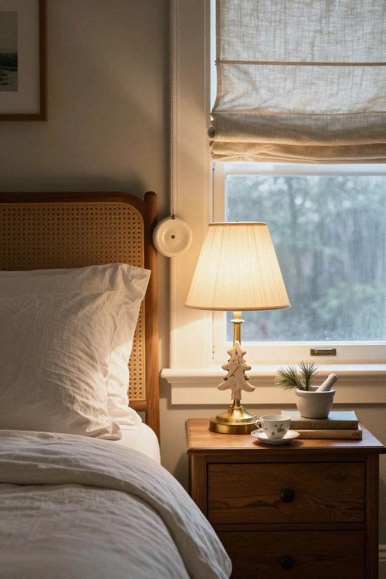 Bedroom corner showing a rattan headboard bed with white linens, wooden nightstand with teacup, saucer, book, small pine plant in mortar, gold-based lamp topped with white shade on a white clay Christmas tree base, sheer window shades, and white disc ornament hanging from bedpost.