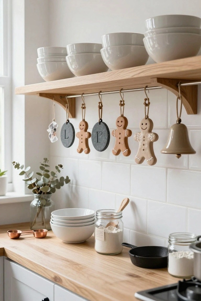 Kitchen with oak wall shelves holding stacked white bowls and hanging handmade clay gingerbread man ornaments, slate letter plaques labeled L and P, a ceramic bell, eucalyptus in a vase, counter with white bowls, flour jars, measuring cups, and a cast iron pan.