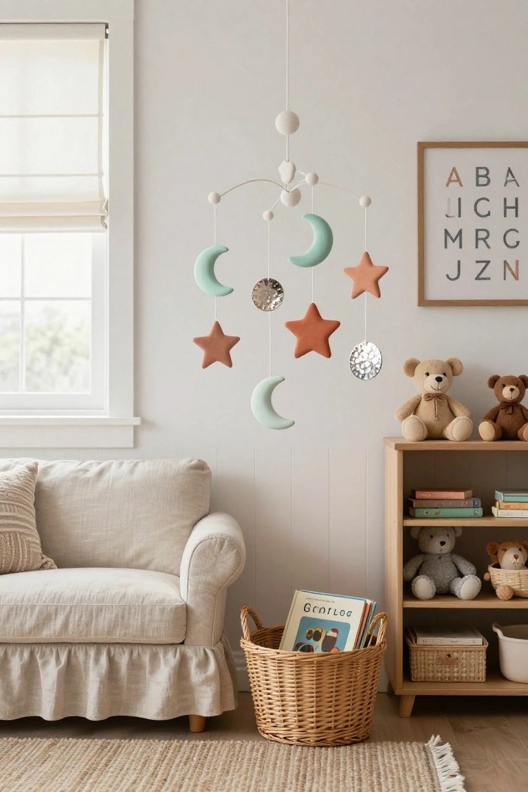 Cozy nursery interior with a hanging mobile of white beads, pastel clay moons and stars, a wooden bookshelf holding teddy bears and books, a slipcovered armchair, and a wicker basket of books on a seagrass rug.