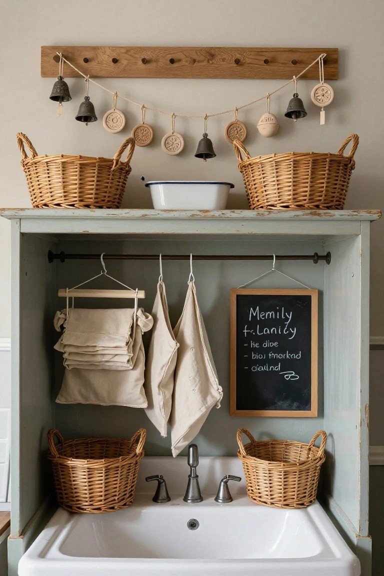 Rustic open cabinet in soft blue with white farmhouse sink, wicker baskets on sides and near faucet, hanging linens and aprons, chalkboard with handwritten list, and rope garland of bells and clay discs from wooden peg rail above.