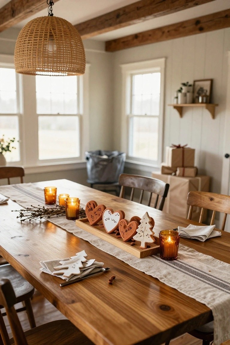 Wooden dining table in a light-filled room with a centerpiece tray holding clay gingerbread heart and tree ornaments, amber glass candles, linen runner, and wooden chairs.