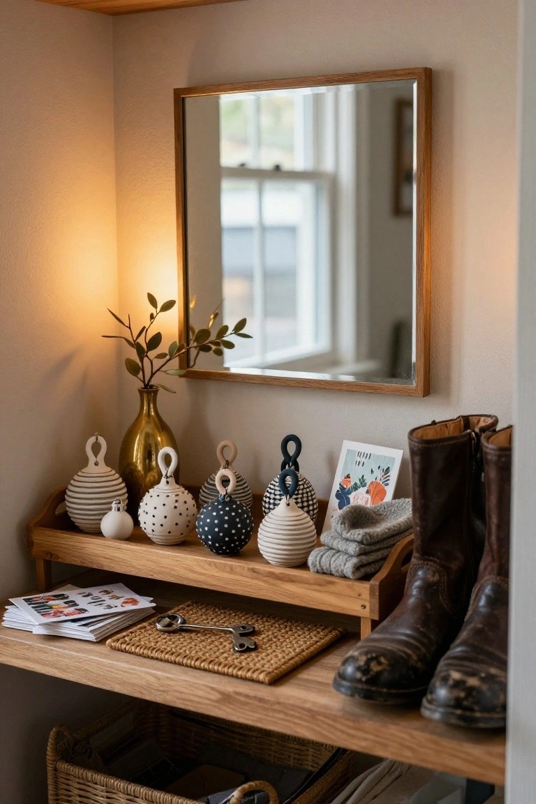 Wooden shelf in a beige room interior displaying assorted white and navy clay ball ornaments with handles, gold vase with branches, tall brown leather boots, gray scarves, woven mat, and metal key tool, with a square oak-framed mirror on the wall above.